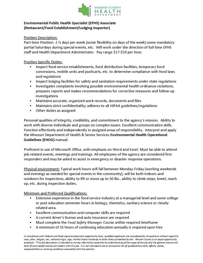 EPHS associate job description 2025