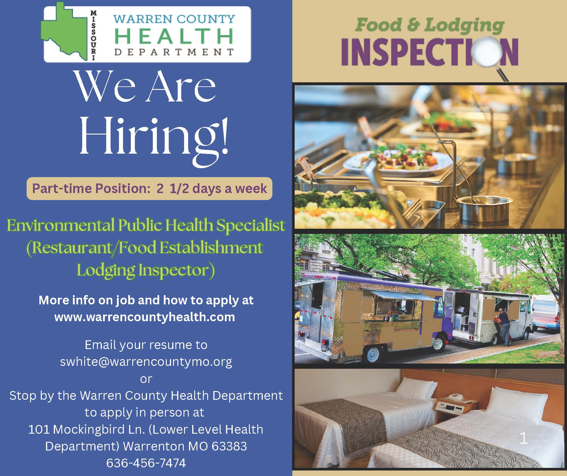 Read more about the article We are Hiring- Environmental Public Health Specialist Associate (Part-time Food/Lodging Inspector)