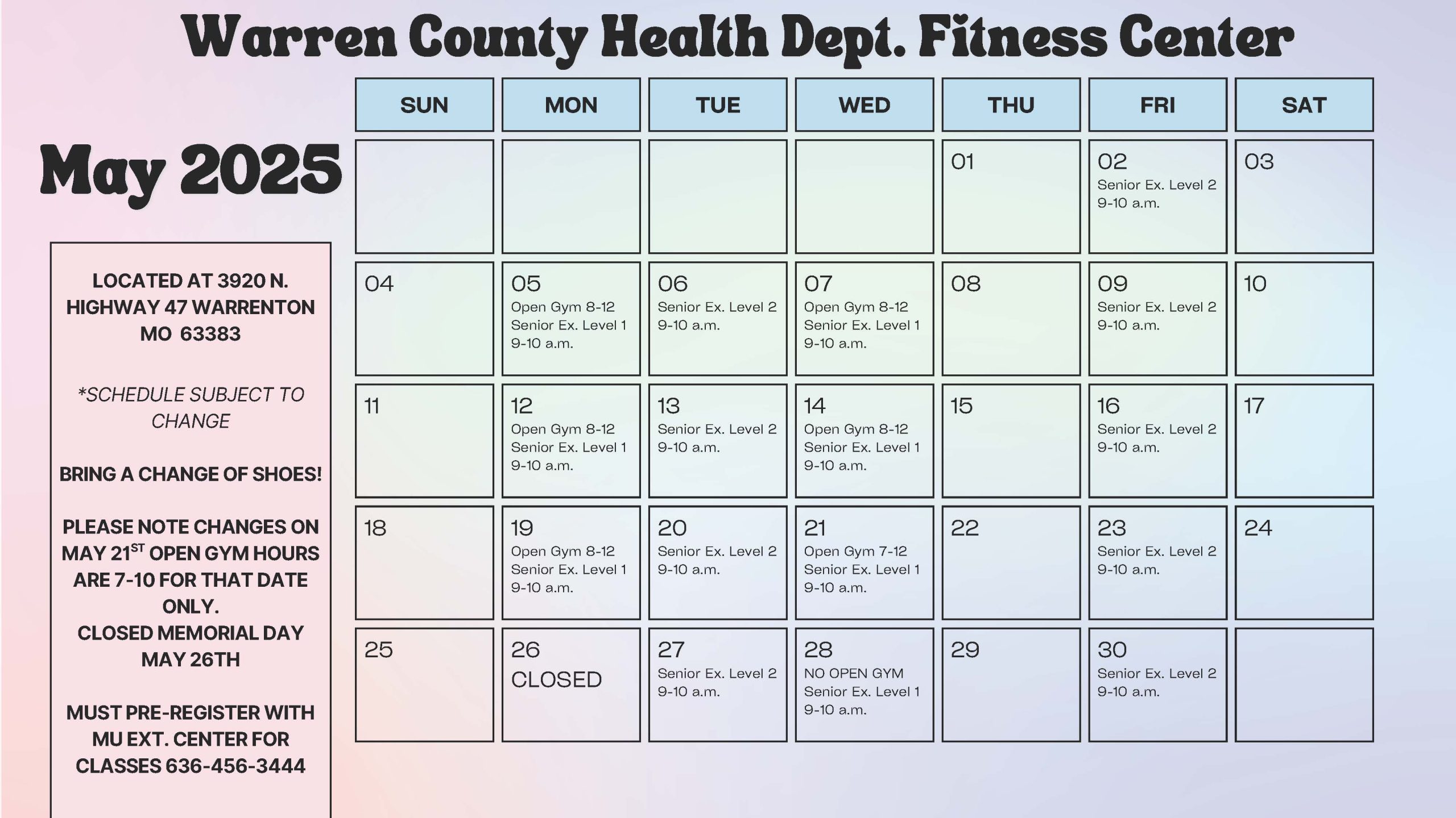 Read more about the article Fitness Center Calendar for May
