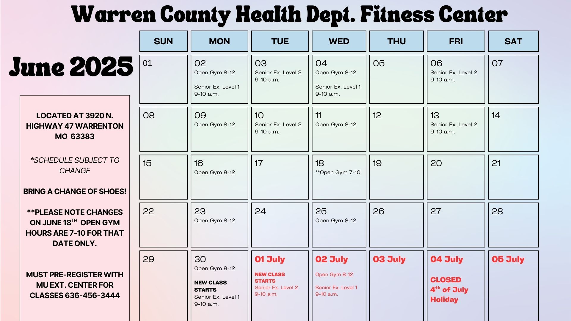 Read more about the article Fitness Center Calendar for June