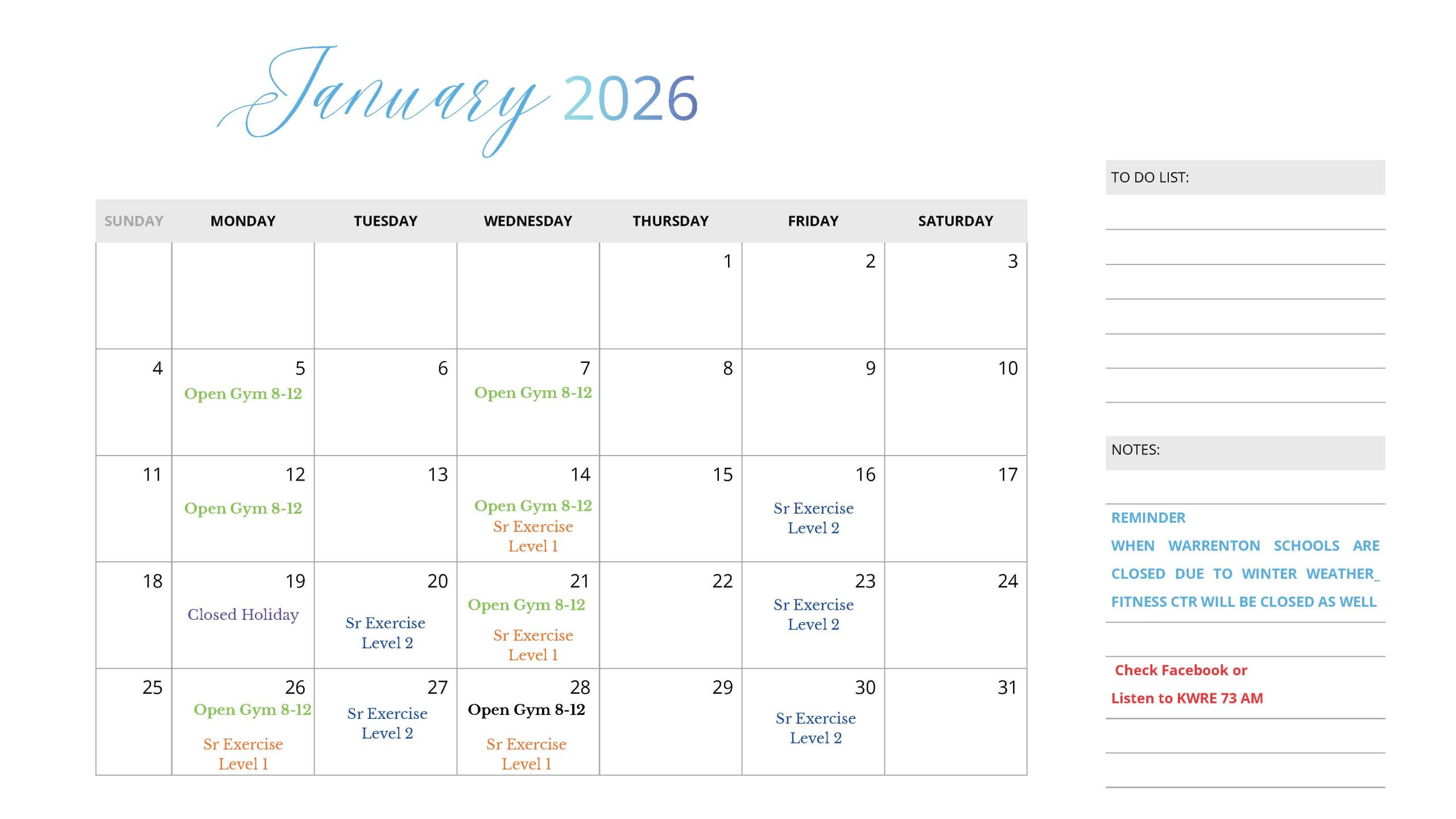 Read more about the article Fitness Center January Calendar
