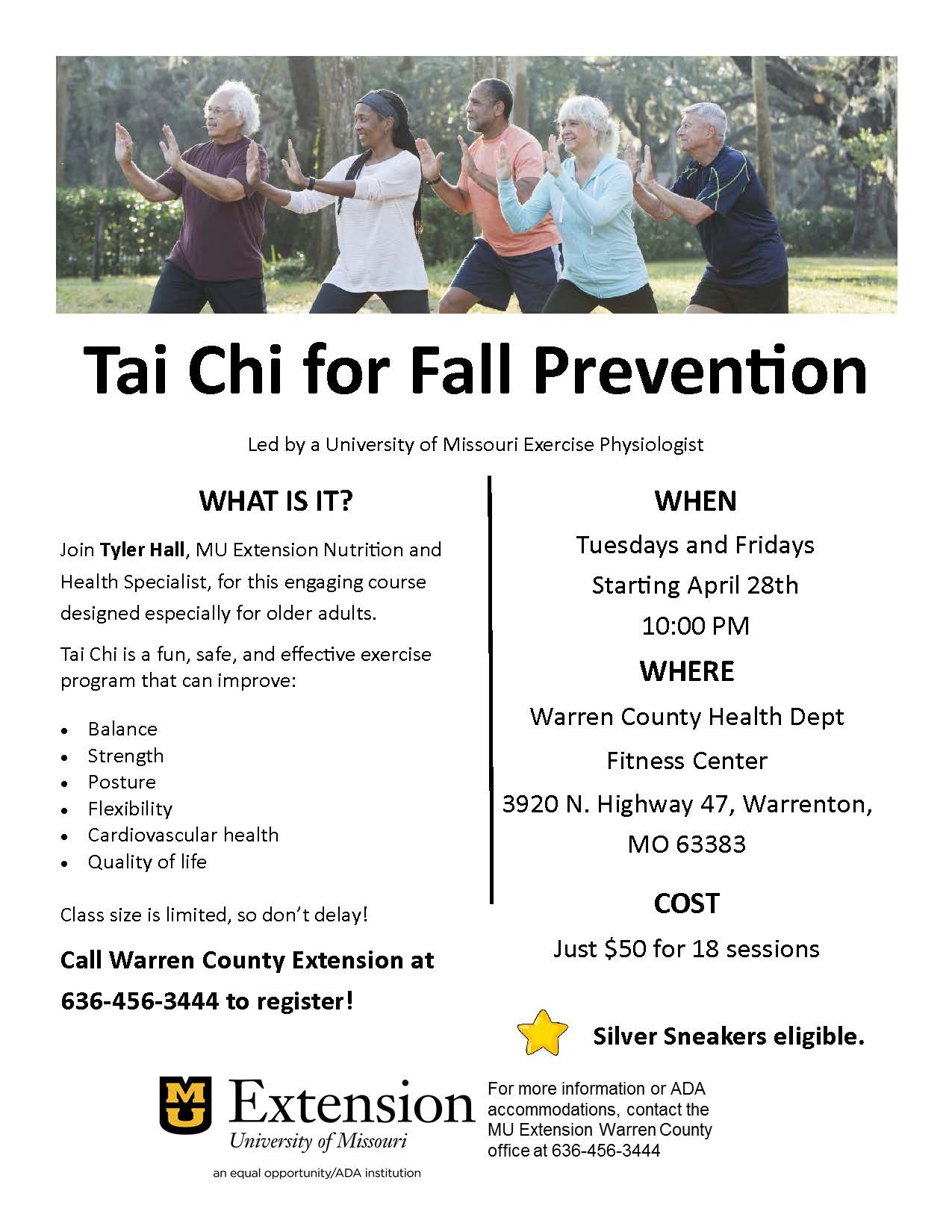 Read more about the article NEW Tai Chi class & new session of Stay Strong class April at Fitness Ctr. REGISTER TODAY!